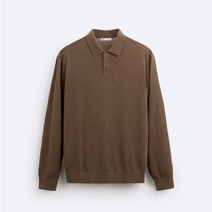 ZARA silk blend long sleeve polo in taupe brown. Size L